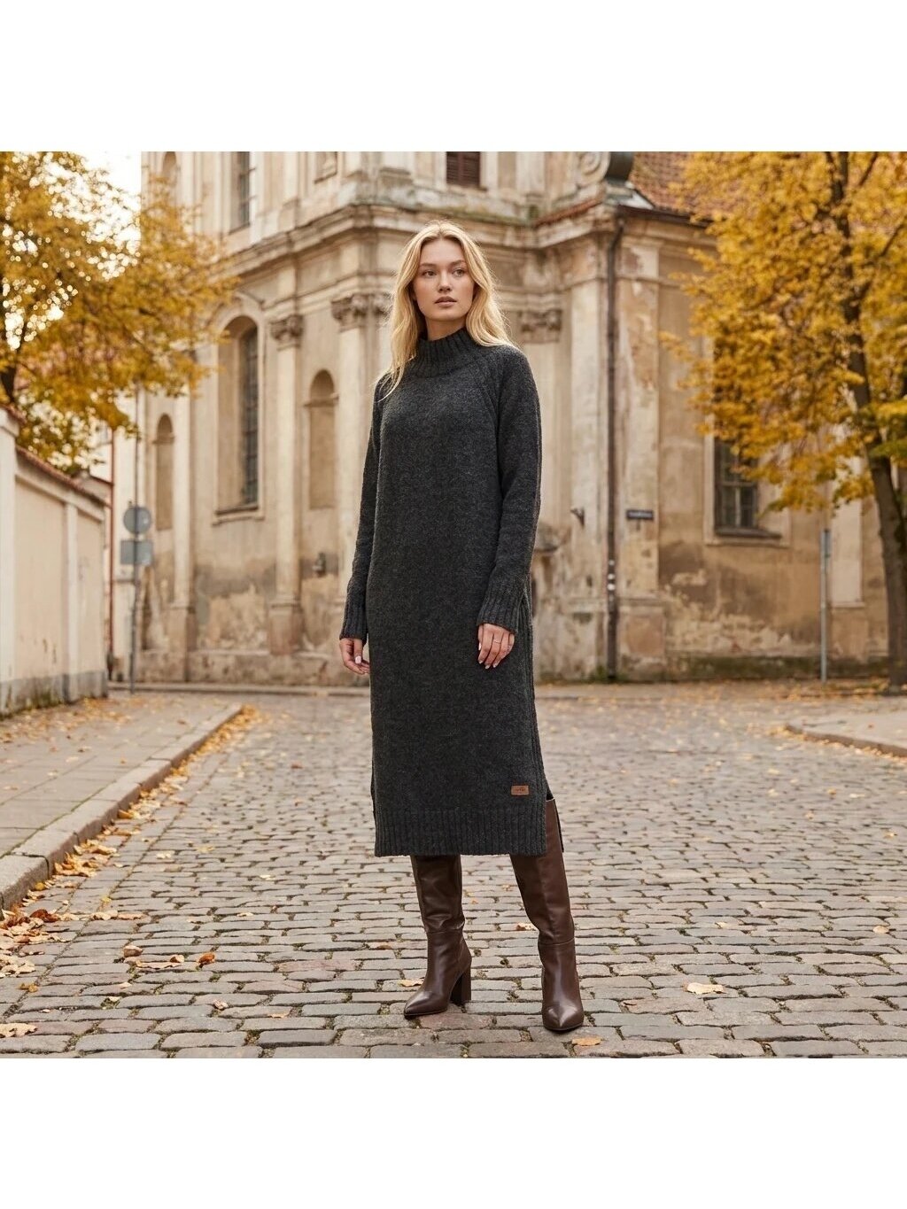 AG design Ilga alpakos vilnos megzta suknelė su skeltukais AGNESA - tamsiai pilka 9
