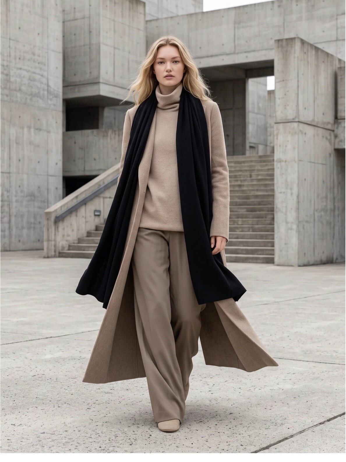 AG DESIGN Megztas itin platus, ilgas minimalistinis 100 % merino vilnos šalikas - juodas 3