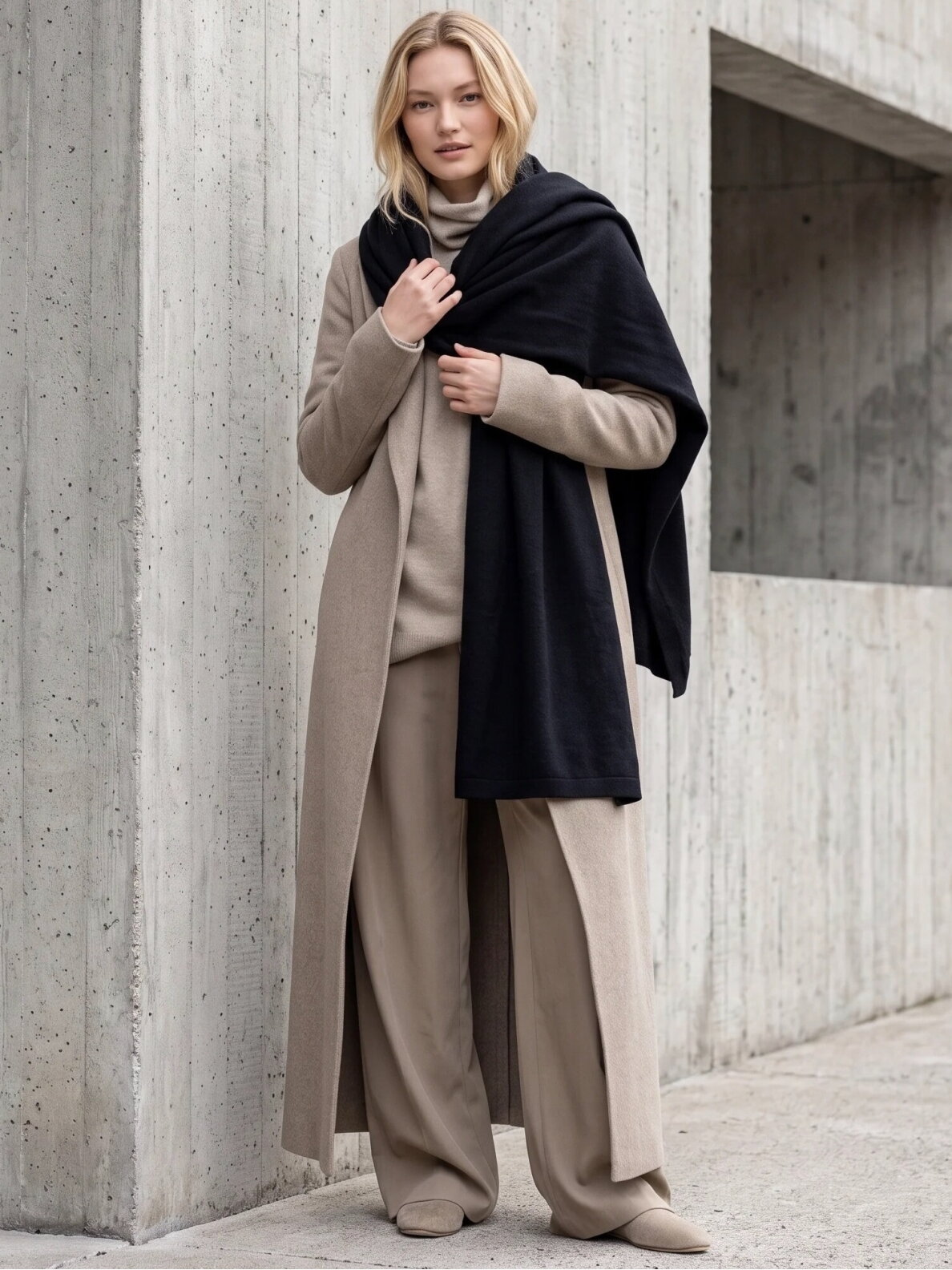 AG DESIGN Megztas itin platus, ilgas minimalistinis 100 % merino vilnos šalikas - juodas 7