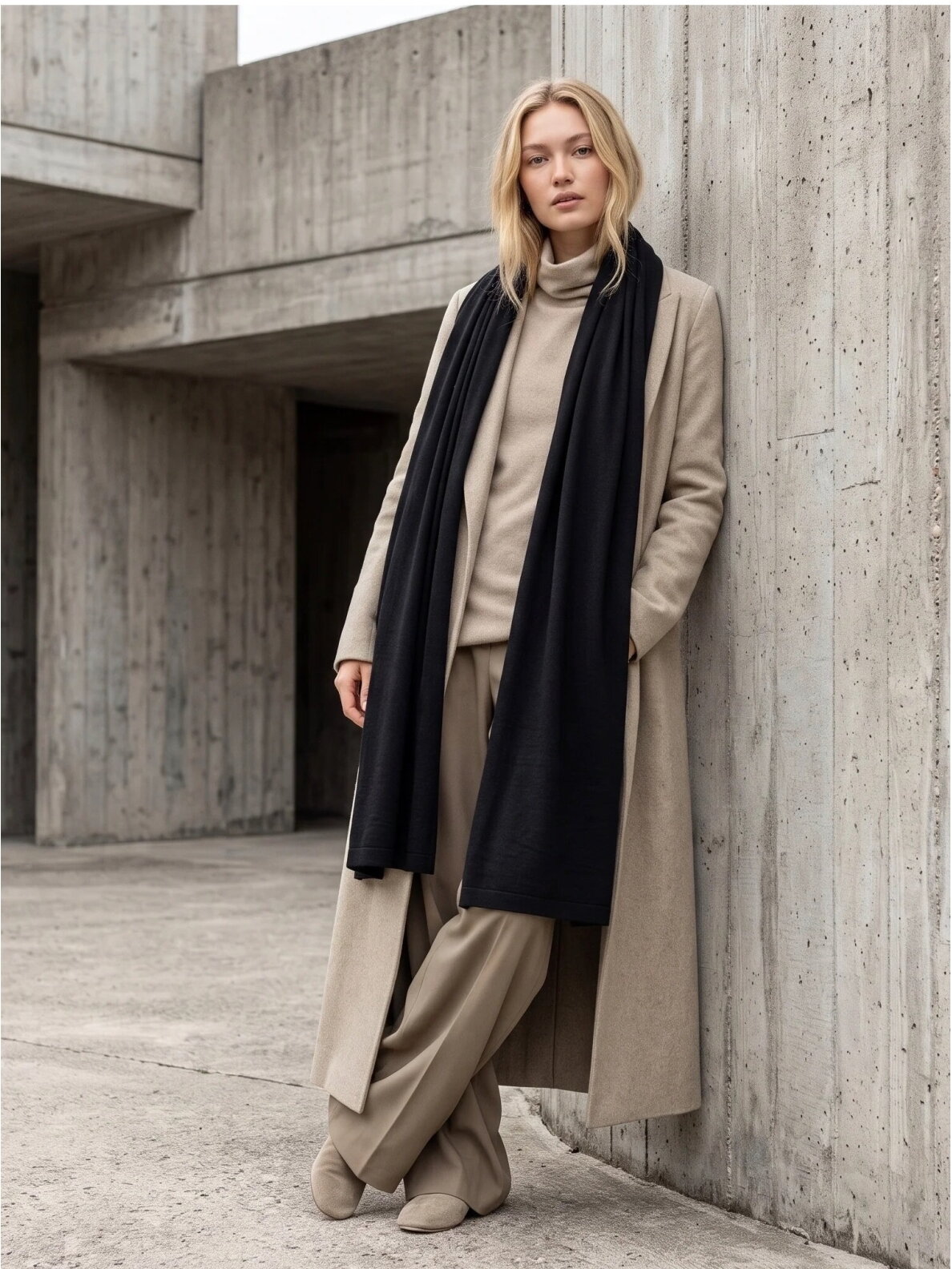 AG DESIGN Megztas itin platus, ilgas minimalistinis 100 % merino vilnos šalikas - juodas 1