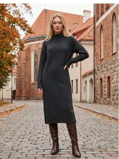 AG design Ilga alpakos vilnos megzta suknelė su skeltukais AGNESA - tamsiai pilka 3