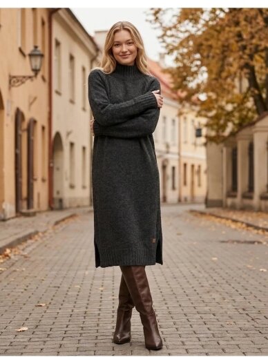 AG design Ilga alpakos vilnos megzta suknelė su skeltukais AGNESA - tamsiai pilka 5