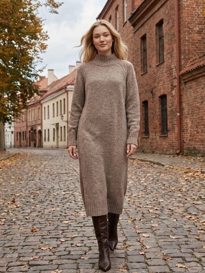 AG design ilga alpakos vilnos megzta suknelė su skeltukais AGNESA - kakavos spalvos 7