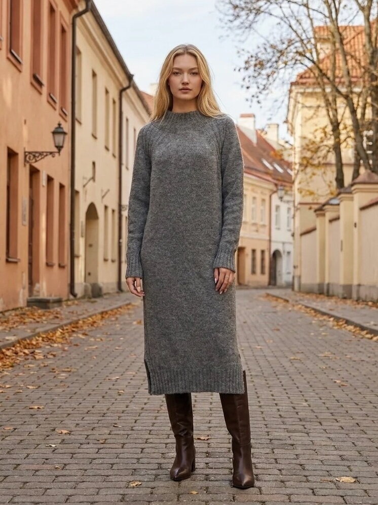 AG design Ilga alpakos vilnos megzta suknelė su skeltukais AGNESA - pilka 6 AG design Ilga alpakos vilnos megzta suknelė su skeltukais AGNESA - pilka 6