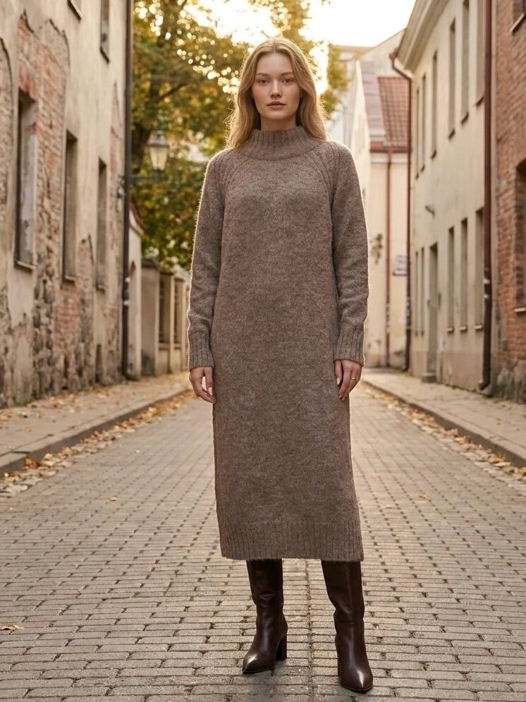 AG design AGNESA long baby alpaca knit dress with side slits - cocoa 1 AG design AGNESA long baby alpaca knit dress with side slits - cocoa 1