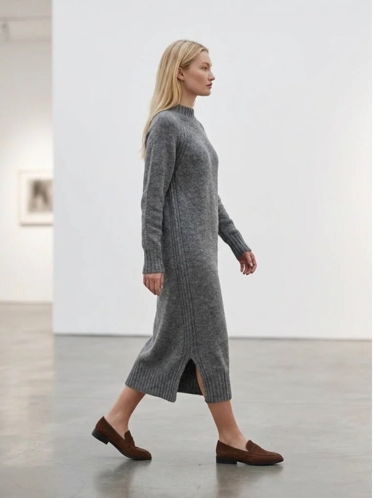 AG design Ilga alpakos vilnos megzta suknelė su skeltukais AGNESA - pilka AG design Ilga alpakos vilnos megzta suknelė su skeltukais AGNESA - pilka