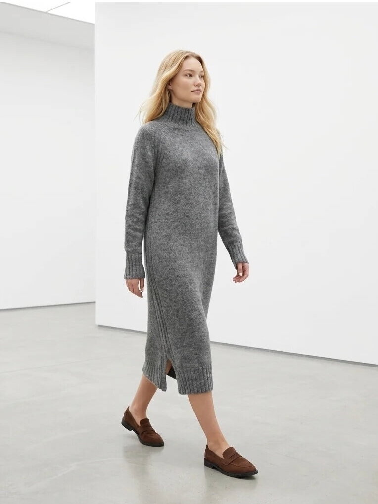 AG design Ilga alpakos vilnos megzta suknelė su skeltukais AGNESA - pilka  9