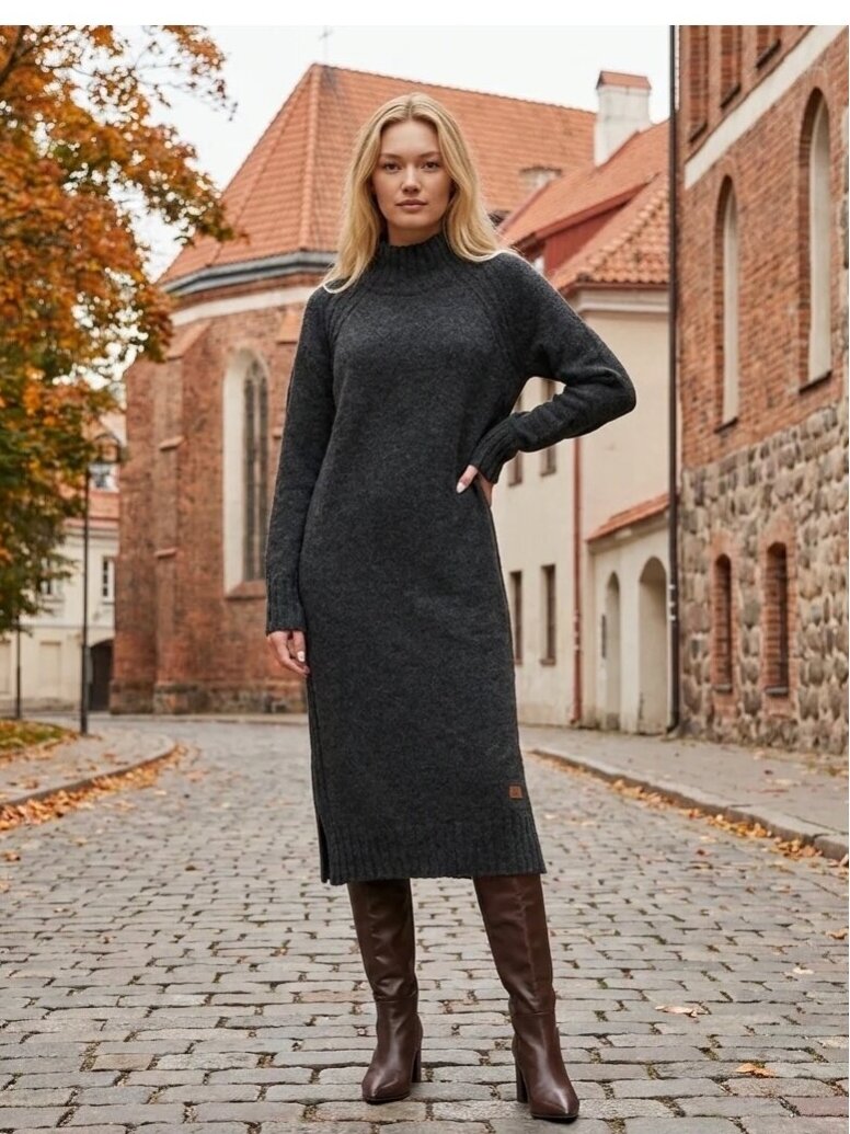 AG design Ilga alpakos vilnos megzta suknelė su skeltukais AGNESA - tamsiai pilka 3