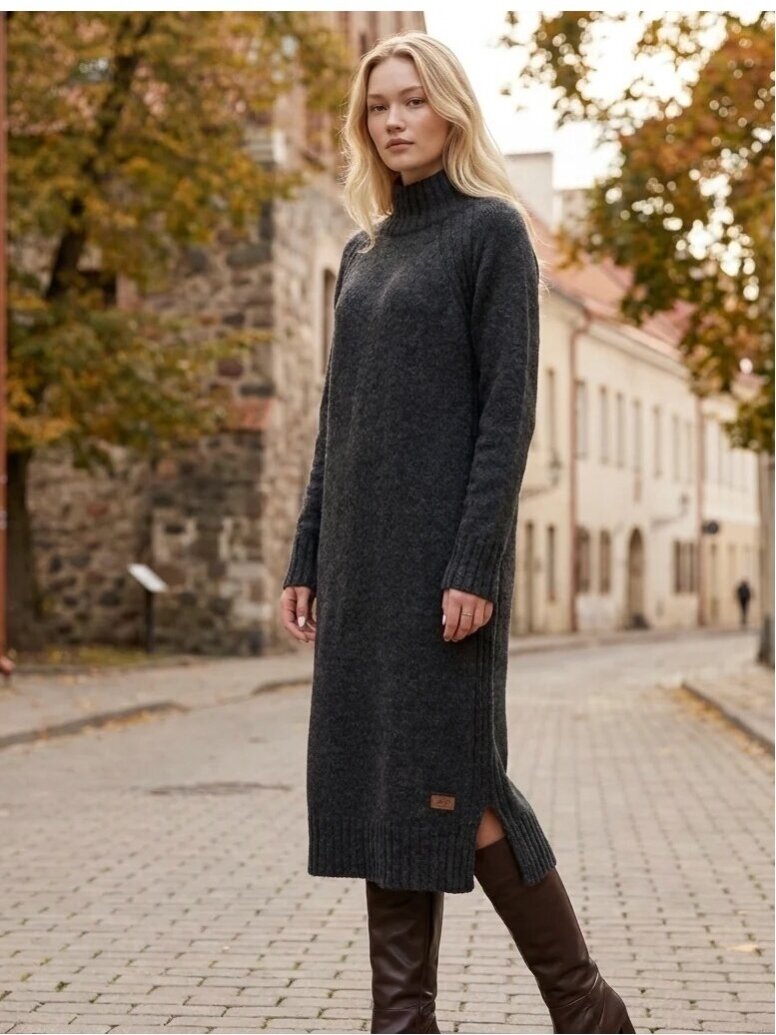 AG design Ilga alpakos vilnos megzta suknelė su skeltukais AGNESA - tamsiai pilka 7