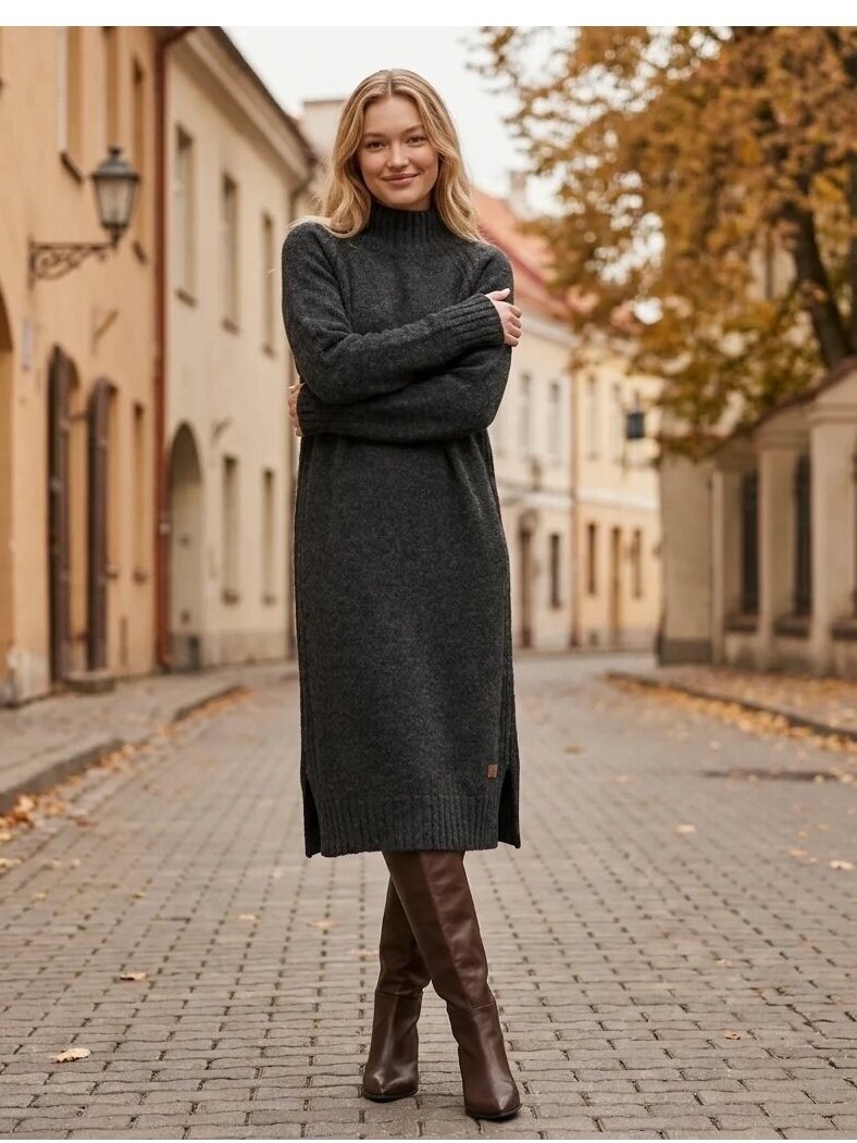 AG design Ilga alpakos vilnos megzta suknelė su skeltukais AGNESA - tamsiai pilka 5