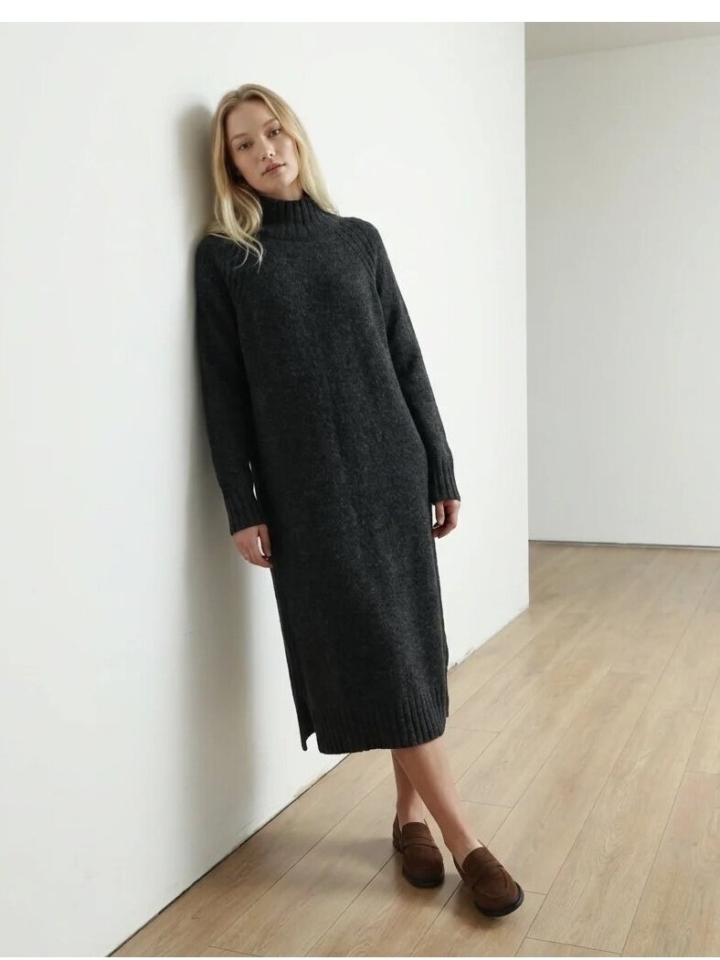 AG design Ilga alpakos vilnos megzta suknelė su skeltukais AGNESA - tamsiai pilka 8