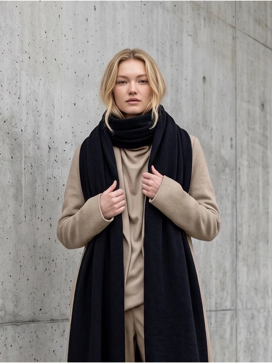 AG DESIGN Megztas itin platus, ilgas minimalistinis 100 % merino vilnos šalikas - juodas