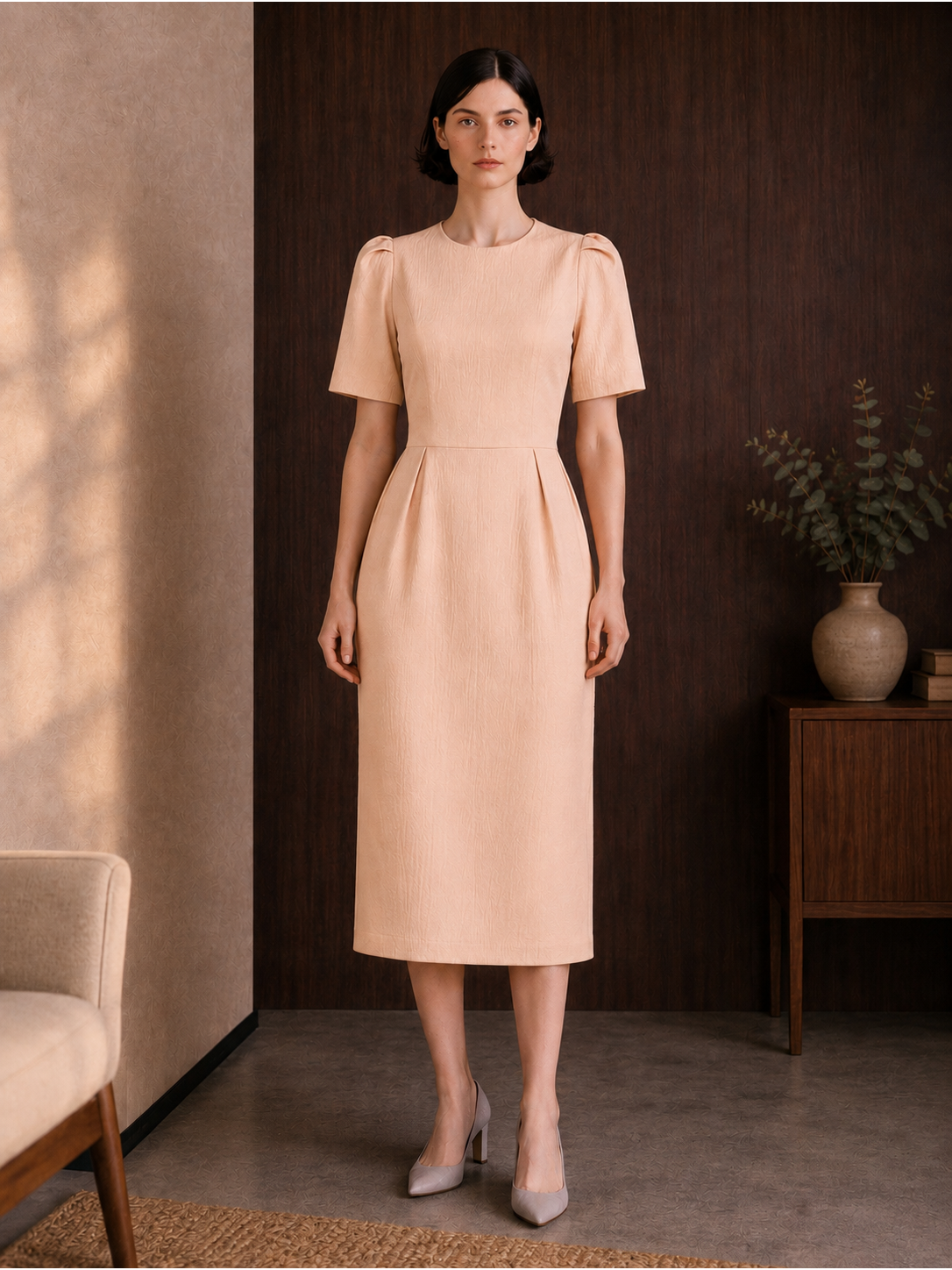 BAGOTA ELEGANTIŠKA PERSIKO SPALVOS SUKNELĖ 1 BAGOTA ELEGANTIŠKA PERSIKO SPALVOS SUKNELĖ 1