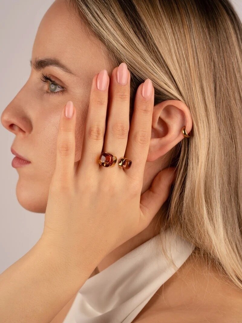 BANGUOJA LUXURIOUS GOLD-PLATED RING WITH HONEY-COLORED AMBER “AURUM UMBRAE - DUO” 3