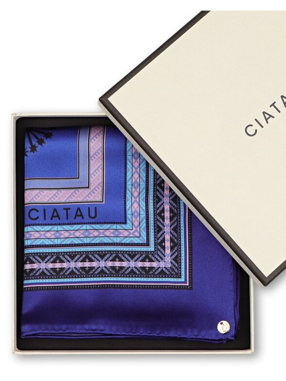 CIATAU blue silk scarf decorated with Baltic motifs