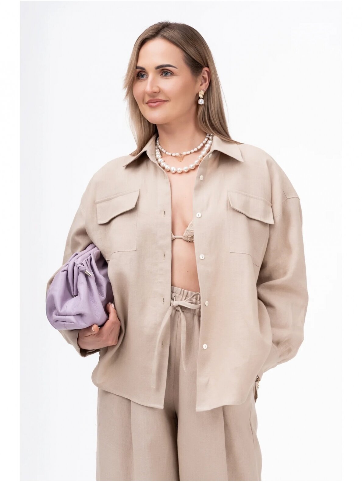 GO linen lininiai marškiniai moterims MIST, smėlio spalva