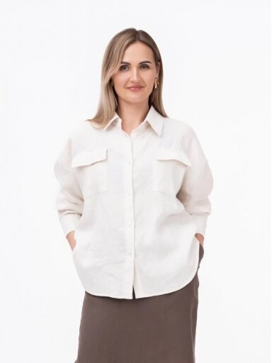GO linen lininiai marškiniai moterims MIST, kreminė balta spalva