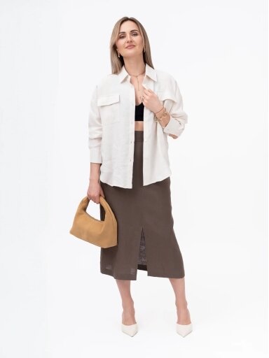 GO linen midi ilgio lininis sijonas su skeltuku TERRA - 100% linas - tamsiai rudas