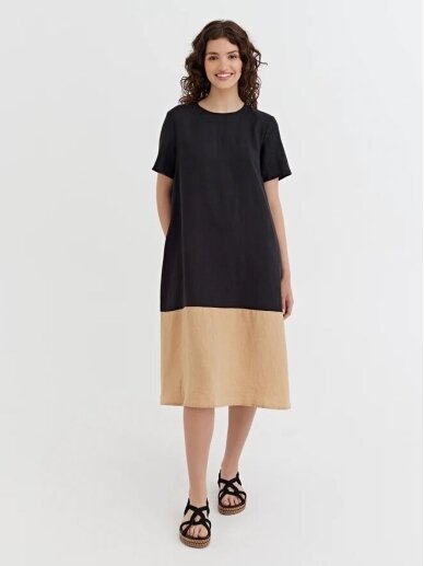 Magic Linen juoda midi ilgio suknelė COLOR-BLOCK LINEN DRESS SCILLA IN BLACK-CARAMEL Magic Linen juoda midi ilgio suknelė COLOR-BLOCK LINEN DRESS SCILLA IN BLACK-CARAMEL