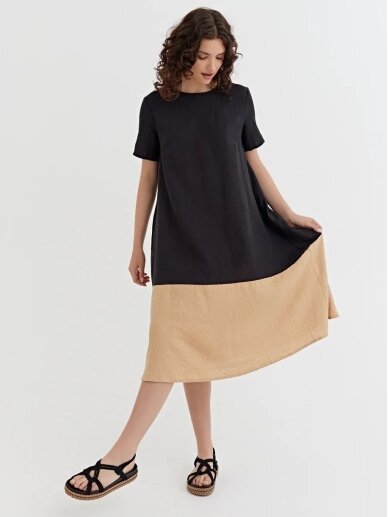 Magic Linen juoda midi ilgio suknelė COLOR-BLOCK LINEN DRESS SCILLA IN BLACK-CARAMEL 1 Magic Linen juoda midi ilgio suknelė COLOR-BLOCK LINEN DRESS SCILLA IN BLACK-CARAMEL 1