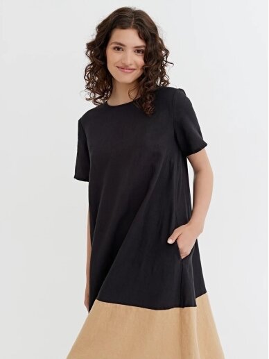 Magic Linen  juoda midi ilgio suknelė COLOR-BLOCK LINEN DRESS SCILLA IN BLACK-CARAMEL 3