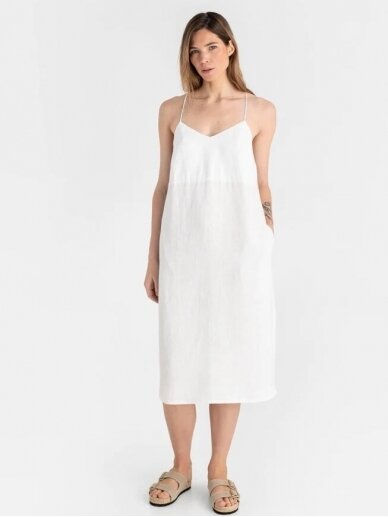 Magic Linen balta midi  ilgio lininė suknelė MARFA IN WHITE
