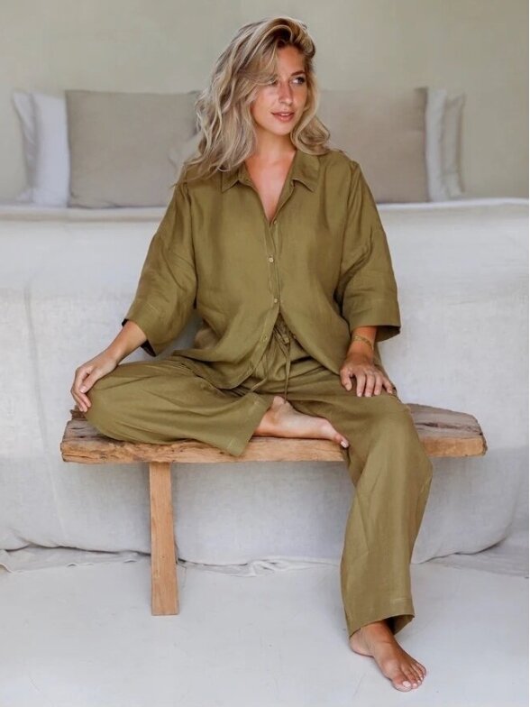 Magic linen  LINEN PAJAMA SET AVEIRA IN KHAKI GREEN