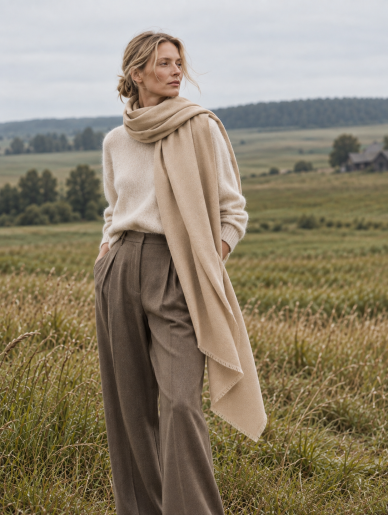 Švelnėja didelis vilnos ir šilko smėlio spalvos šalikas 220 cm x 105  cm